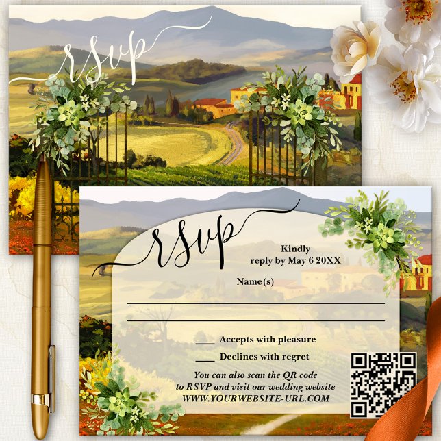 Cartão RSVP De Casamento De País Elegante Italiano (Elegant wedding RSVP card featuring a fine art painting of an Italian Tuscan landscape with script)