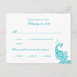 Cartão RSVP de Casamento de Pavão Azul Elegante