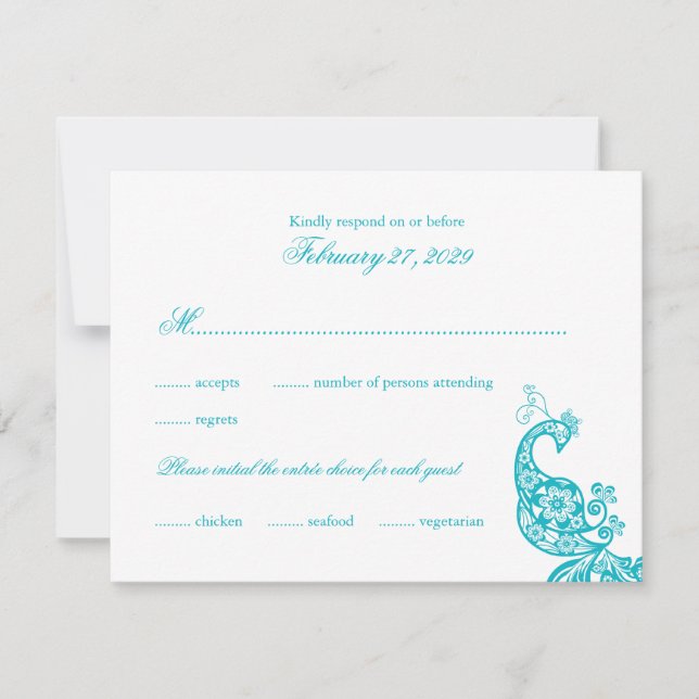 Cartão RSVP de Casamento de Pavão Azul Elegante (Frente)