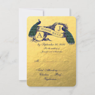 Cartão RSVP de Casamento de Peacock Dourado