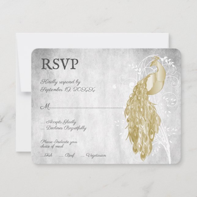 Cartão RSVP de Casamento de Peacock Dourado (Frente)
