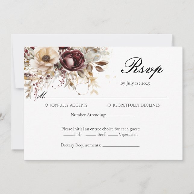 Cartão RSVP de Casamento de Peões Burgundy Elegant (Frente)