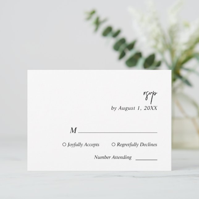 Cartão RSVP de Casamento de Script Branco e Preto (Em pé/Frente)