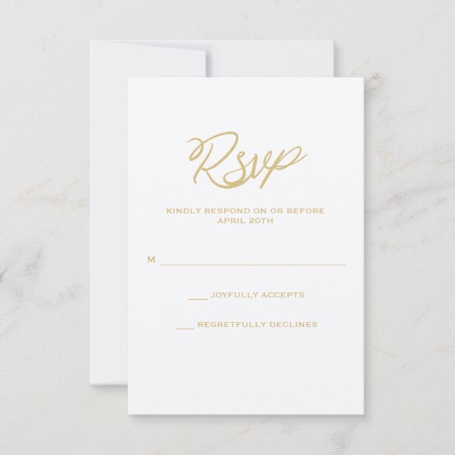 Cartão RSVP de Casamento de Script Dourado (Frente)