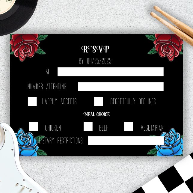 Cartão RSVP de Casamento de Tatuagem Branca e Negr (Black and White Tattoo Rock Wedding RSVP Card)