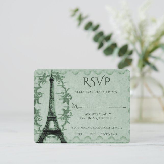Cartão RSVP de Casamento de Torre Eiffel Verde (Em pé/Frente)