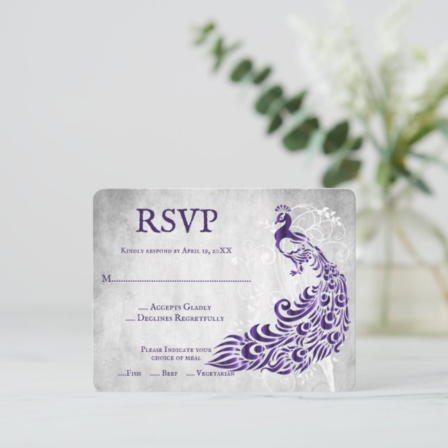 Cartão RSVP de Casamento de Vinha Pêssego Púrpura (Em pé/Frente)