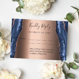 Cartão RSVP de casamento do rosa de mármore azul-m