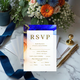 Cartão RSVP de Casamento Dourado Azul Cor-de-laran