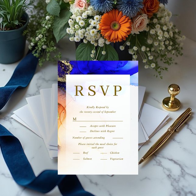 Cartão RSVP de Casamento Dourado Azul Cor-de-laran (Colorful Blue Orange Gold Wedding RSVP Card.)