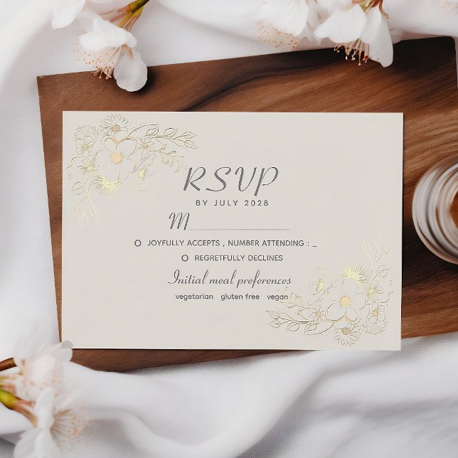 Cartão RSVP de Casamento Dourado Boho Floral (Criador carregado)