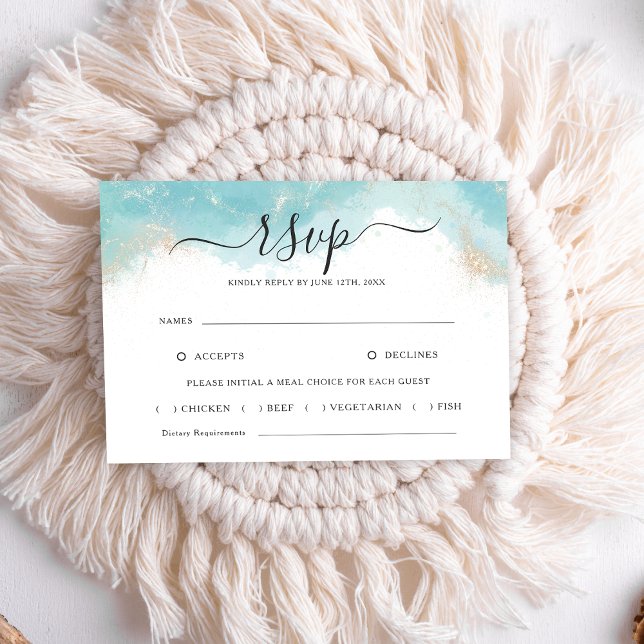 Cartão RSVP de Casamento Dourado Elegante Blue Wat (Criador carregado)