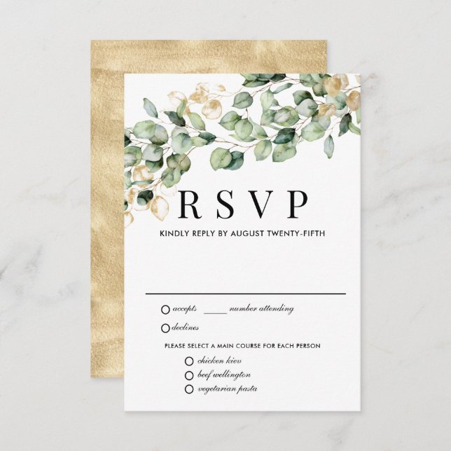 Cartão RSVP de Casamento Dourado Eucalyptus, Opçõe (Frente/Verso)