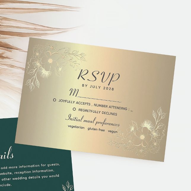 Cartão RSVP de Casamento Dourado Floral Elegante (Criador carregado)