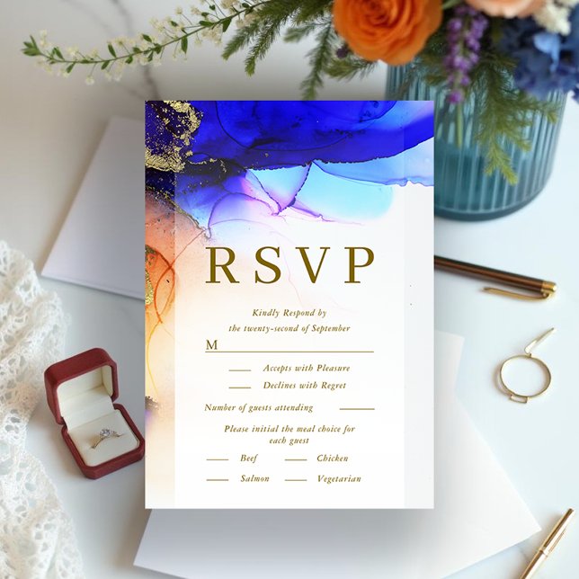 Cartão RSVP de Casamento Dourado Laranja Azul Vibr (Vibrant Blue Orange Gold Wedding RSVP Card.)