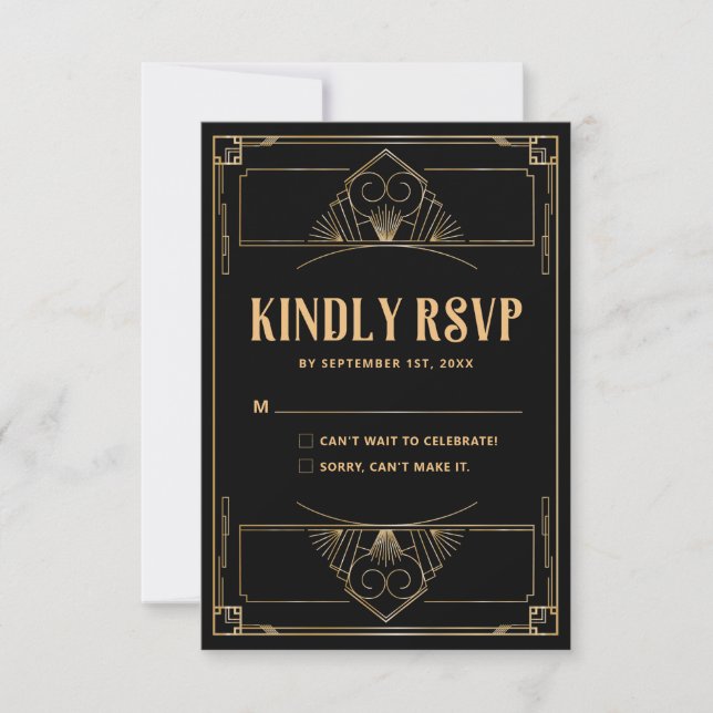 Cartão RSVP de Casamento Dourado Preto Elegante da (Frente)