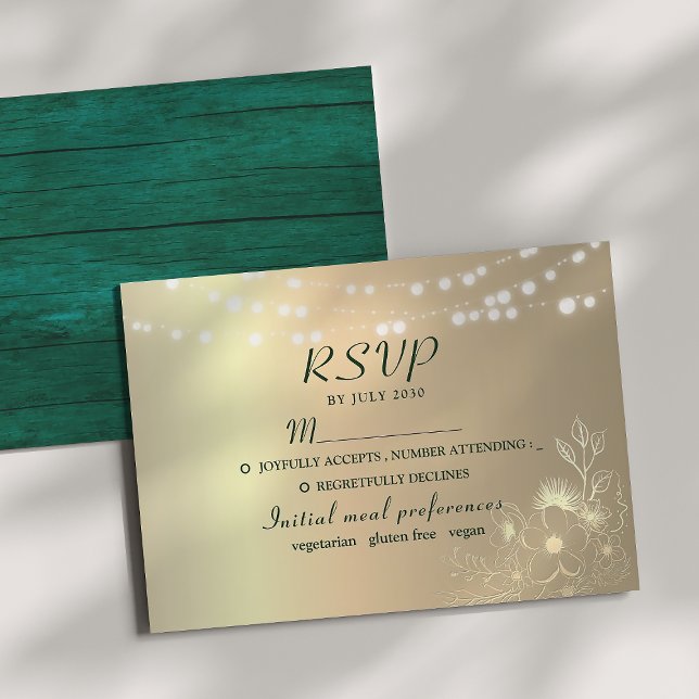 Cartão RSVP de Casamento Dourado Rustic Emerald Gr (Criador carregado)