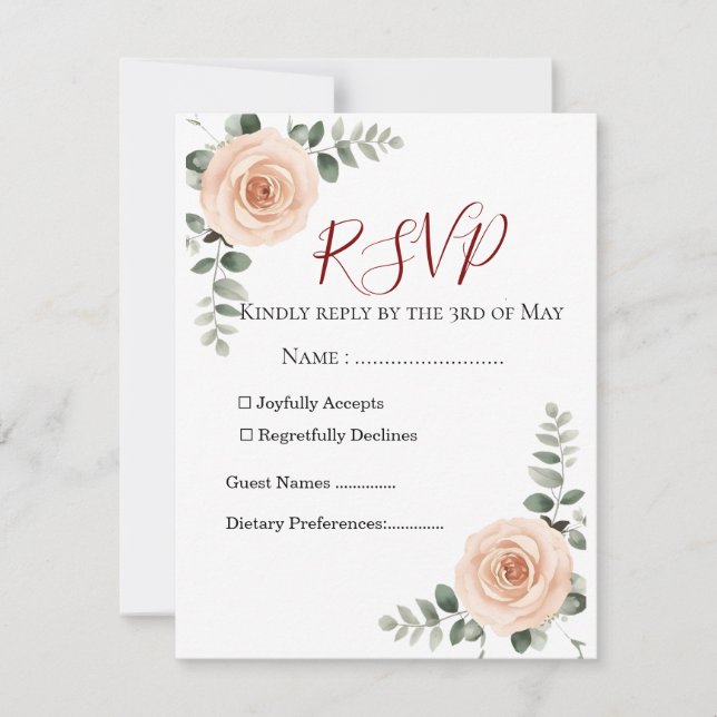 Cartão RSVP de Casamento Elegante Blush & Greenery (Frente)