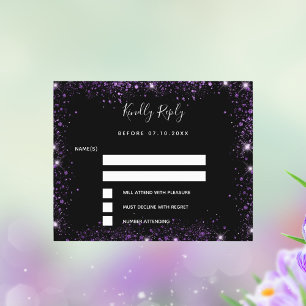 Cartão RSVP de casamento elegante com brilho roxo