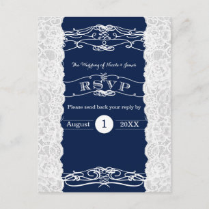 Cartão RSVP de Casamento Elegante de Lace Azul e B