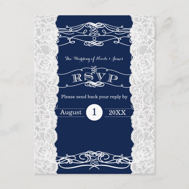 Cartão RSVP de Casamento Elegante de Lace Azul e B (Frente)