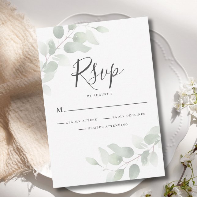 Cartão RSVP de Casamento Elegante Eucalyptus Green (Criador carregado)