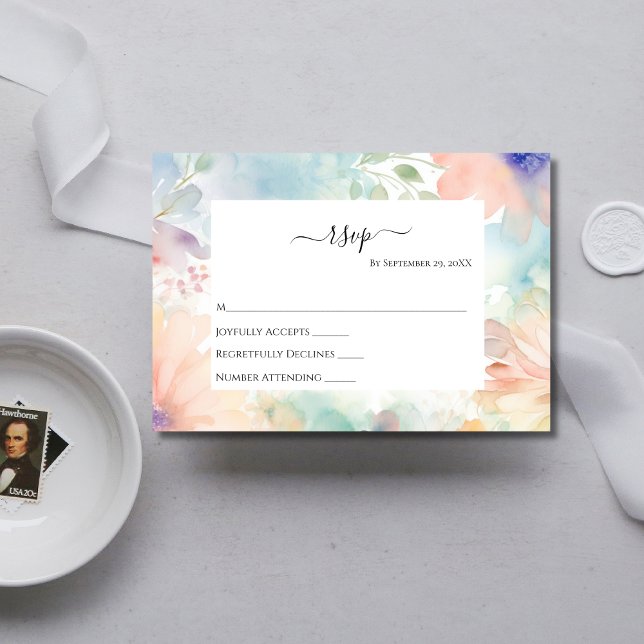 Cartão RSVP de Casamento Elegante Floral de Pastel (Pastel Floral Watercolor Wedding RSVP card)