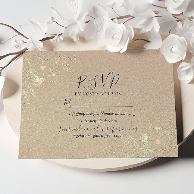 Cartão RSVP de Casamento Elegante Floral Dourado (Criador carregado)