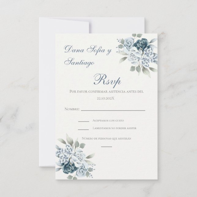 Cartão RSVP de Casamento Espanhol Azul (Frente)
