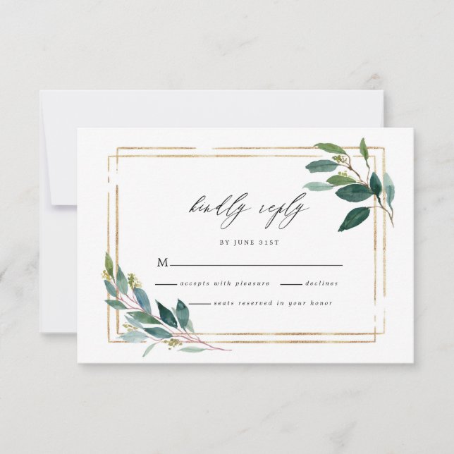 Cartão RSVP de Casamento Eucalyptus Leaf Dourado (Frente)