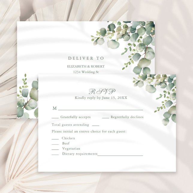 Cartão RSVP de Casamento Eucalyptus Moderno Verde (Modern Greenery Eucalyptus Wedding RSVP Card on a sunny neutral dry palm leaf.)