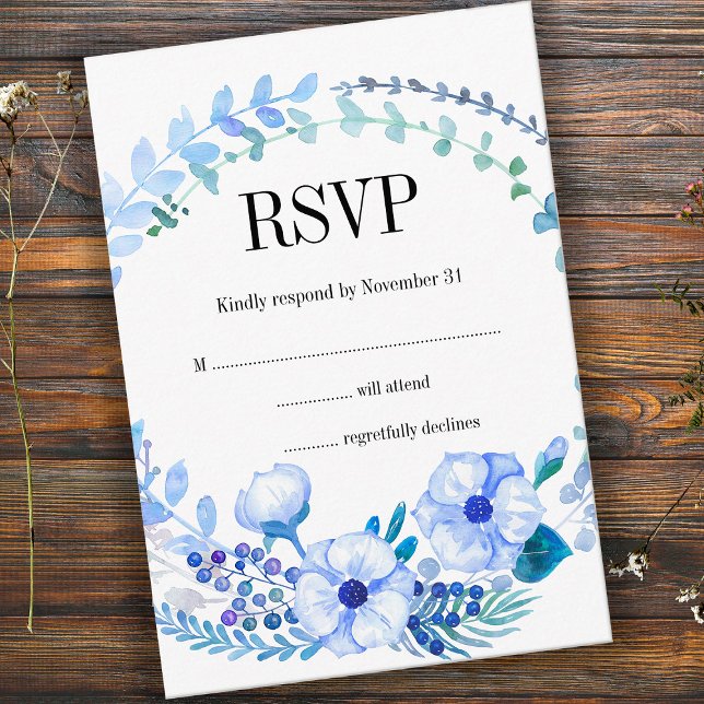 Cartão RSVP de Casamento Floral Azul Boho Watercol (Criador carregado)