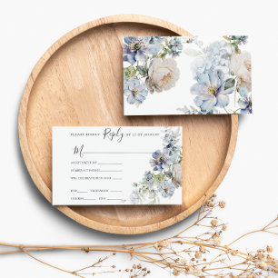 Cartão RSVP de Casamento Floral Azul e Branco