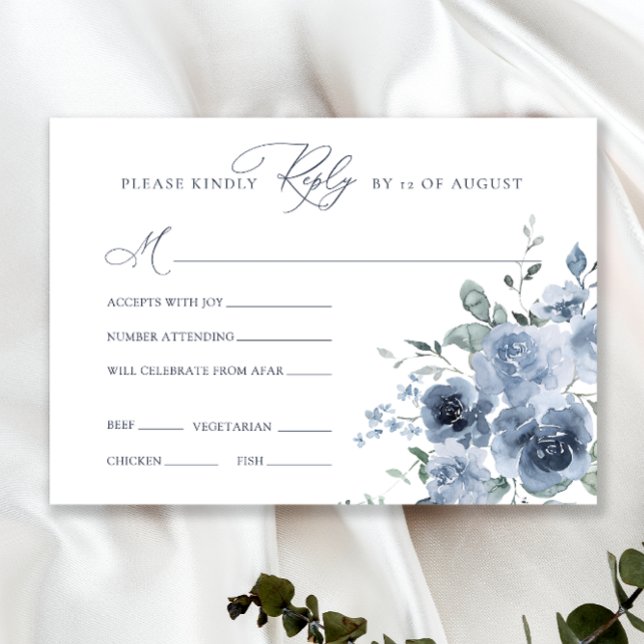 Cartão RSVP de Casamento Floral Azul e Branco (Criador carregado)