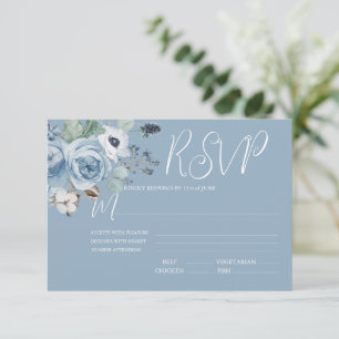 Cartão RSVP de Casamento Floral Azul e Branco Eleg