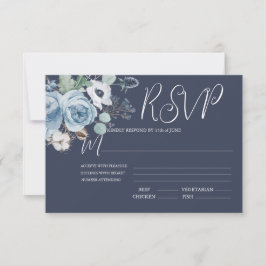 Cartão RSVP de Casamento Floral Azul e Branco Escu