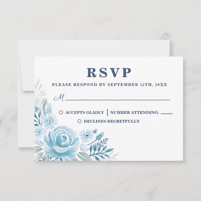 Cartão RSVP de Casamento Floral Azul Elegante Dust (Frente)
