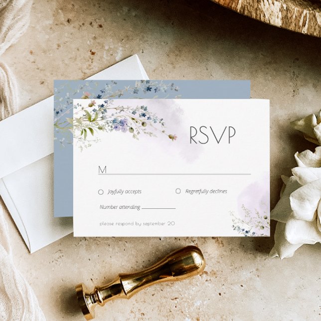 Cartão RSVP de Casamento Floral Azul Moderno Dusty (Criador carregado)