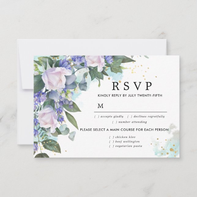 Cartão RSVP de Casamento Floral Branco Azul, Opçõe (Frente)