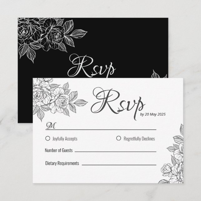 Cartão RSVP de Casamento Floral Branco e Preto Ele (Frente/Verso)
