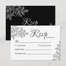 Cartão RSVP de Casamento Floral Branco e Preto Ele