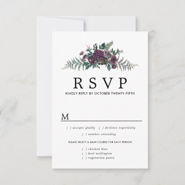 Cartão RSVP de Casamento Floral Burgundy, Opções d (Frente)