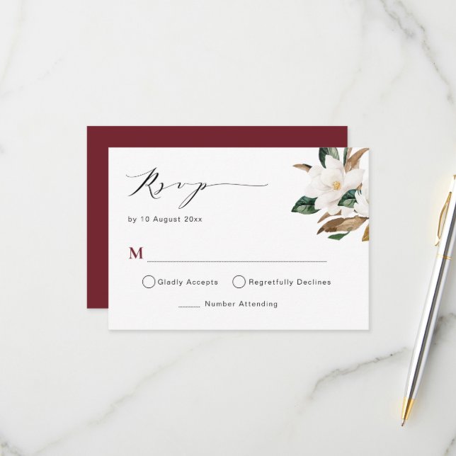 cartão RSVP de casamento floral da burgundy magnol (Frente/Verso In Situ)