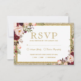 Cartão RSVP de Casamento Floral de Blush Dourado Burgundy