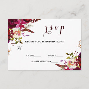Cartão RSVP de Casamento Floral de Burgundy Marsal