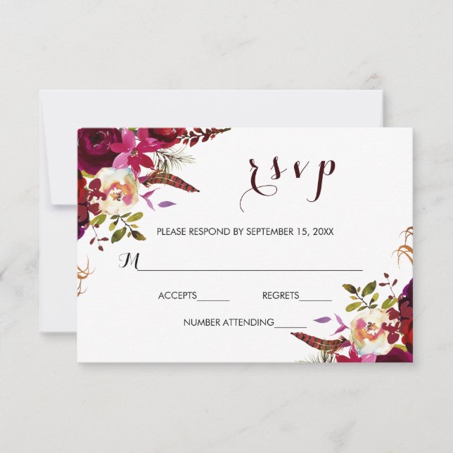 Cartão RSVP de Casamento Floral de Burgundy Marsal (Frente)