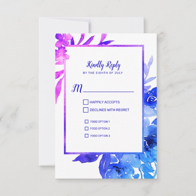 Cartão RSVP de Casamento Floral de Cor Azul Roxo (Frente)