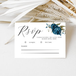 Cartão RSVP de Casamento Floral de marinho Azul Qu