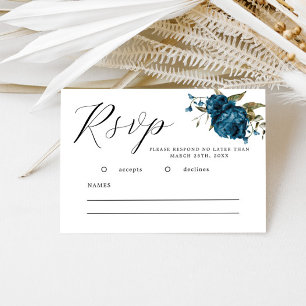 Cartão RSVP de Casamento Floral de marinho Azul Qu