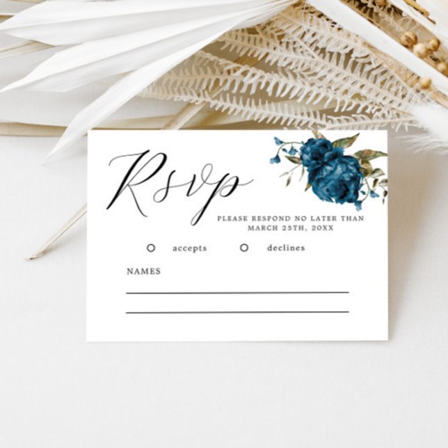 Cartão RSVP de Casamento Floral de marinho Azul Qu (Criador carregado)